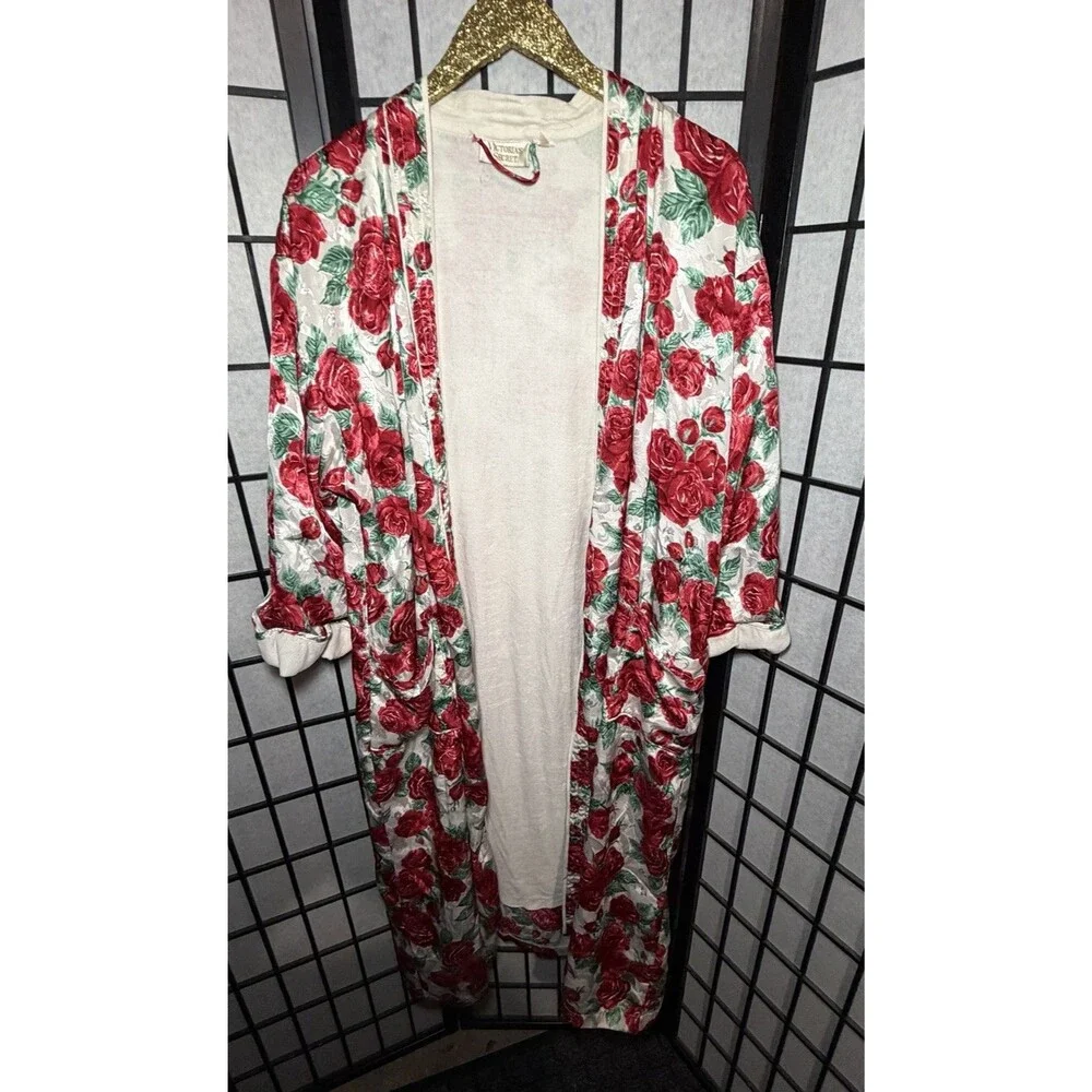 Vintage Victorias Secret Floral Satin‎ Robe Gold Label Red Roses Maxi Size M/L